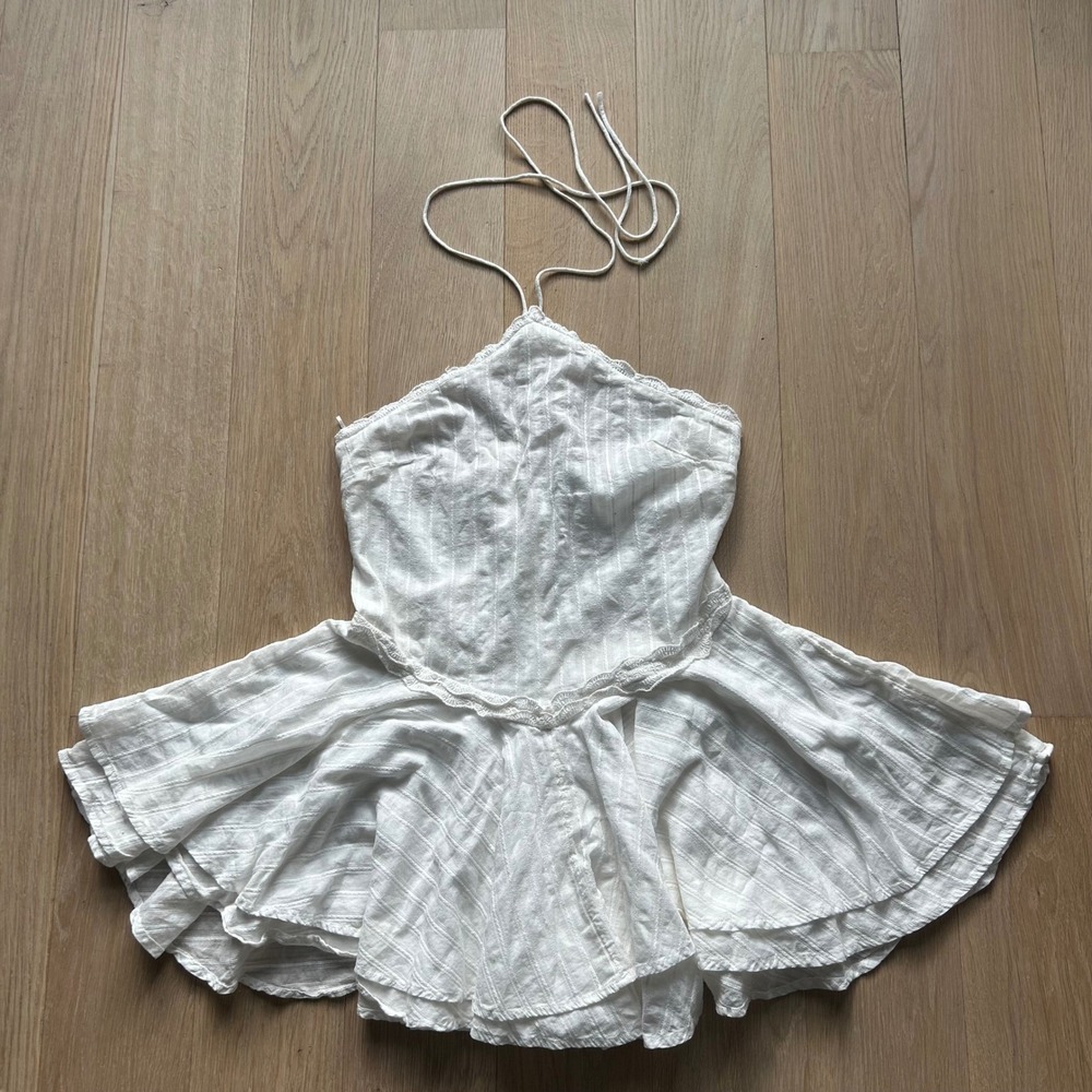 Zara Halter Large White Lace Ruffled Tiered Mini Dress Cottagecore Coquette Boho - Picture 2 of 9